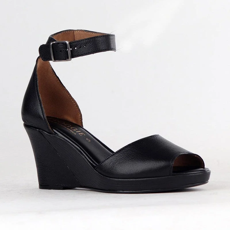 Froggie Merisa Leather Peep Toe Wedge - Black