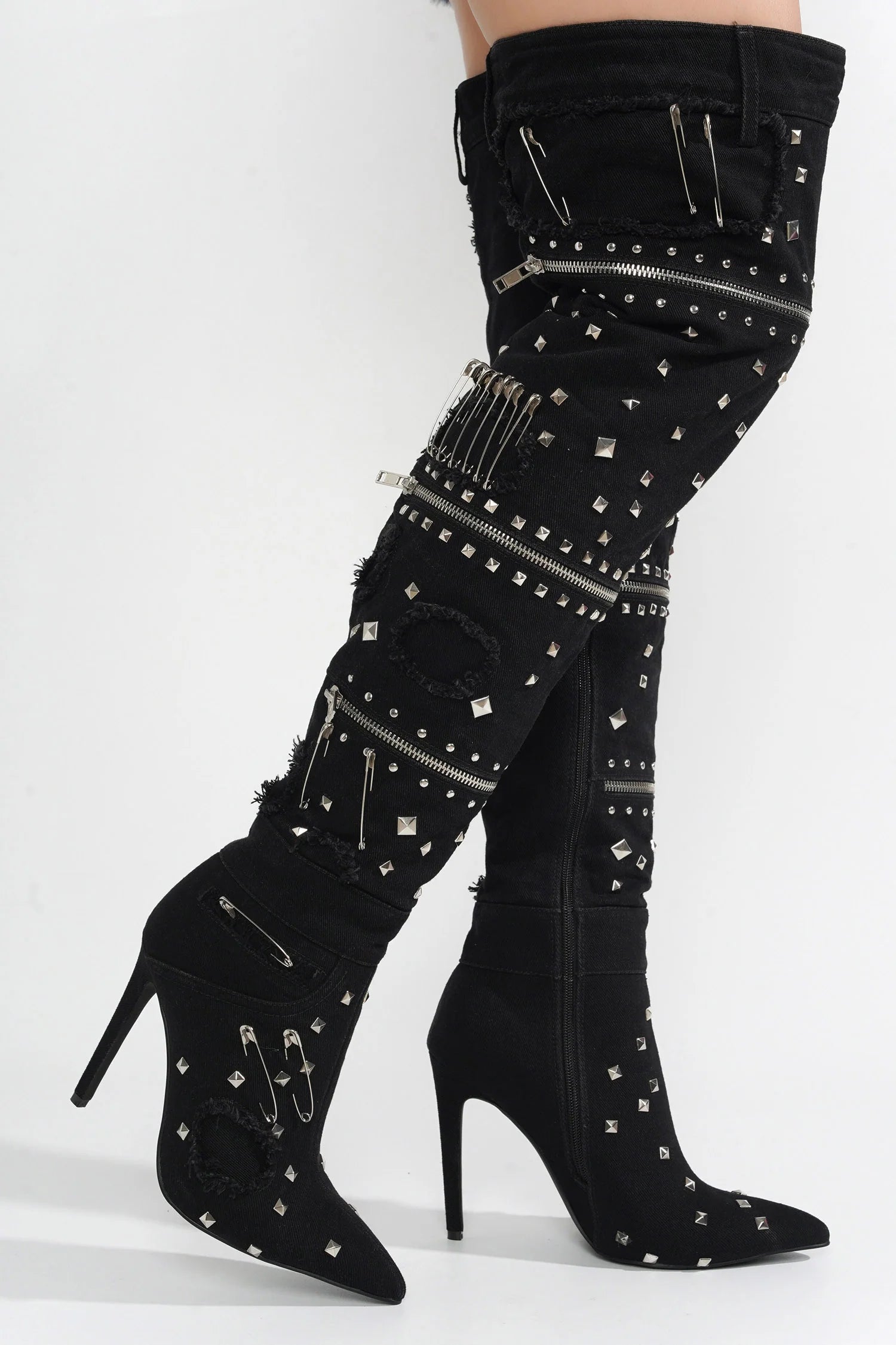 ABILENEA Black Denim Thigh High Boot Heavy Hardware